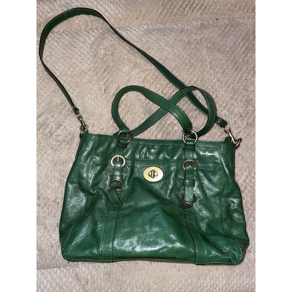 Coach Ergo Chelsea Green Leather Pleated Tote Bag Purse F14022 Teal Blue Lining